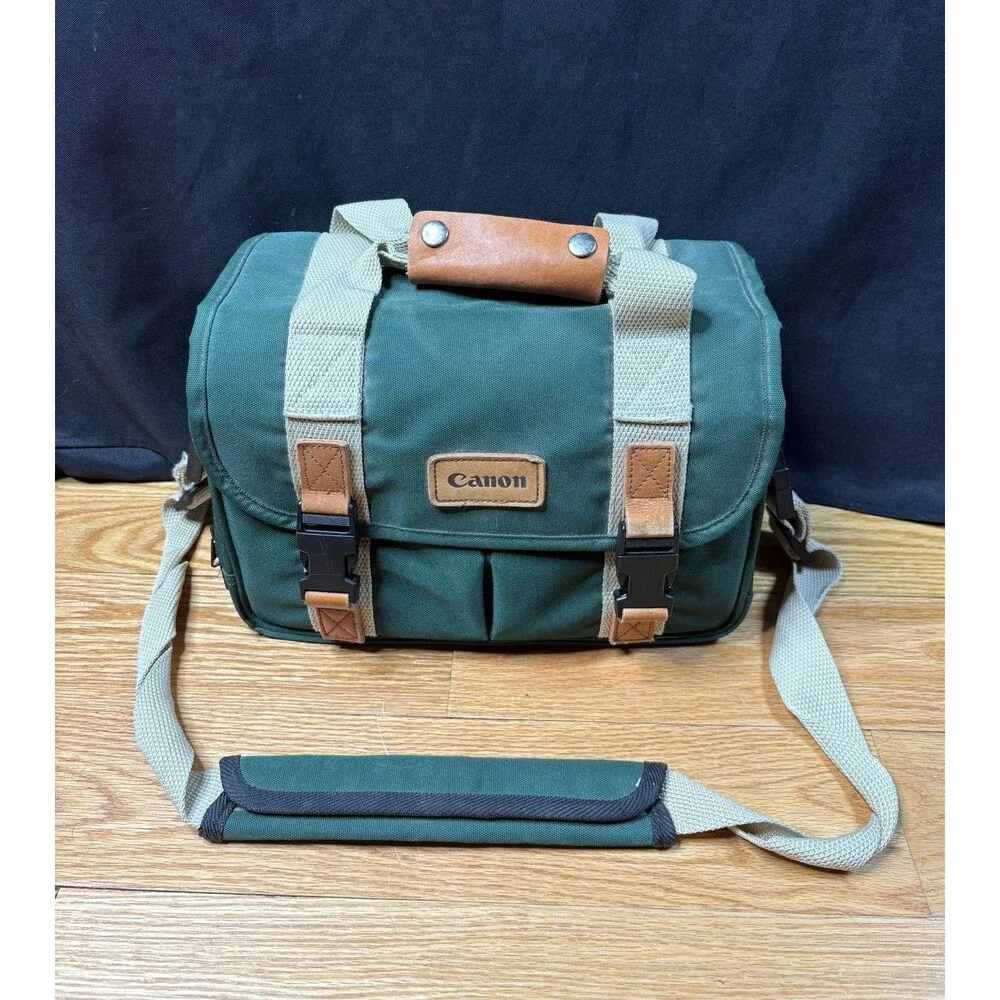 Vintage Canon Camera Bag Green Canvas Leather Trim Strap 12 x 8 x 8 Padded Case